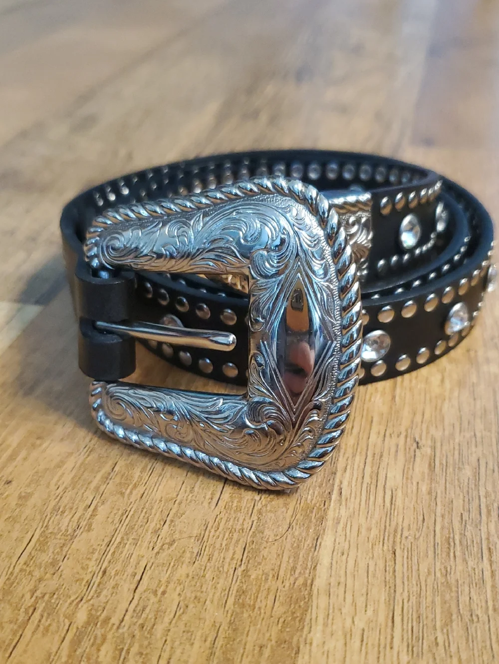 Nacona Women's Western Studded Black M Leather Belt- Silver Buckle & Rhinestones